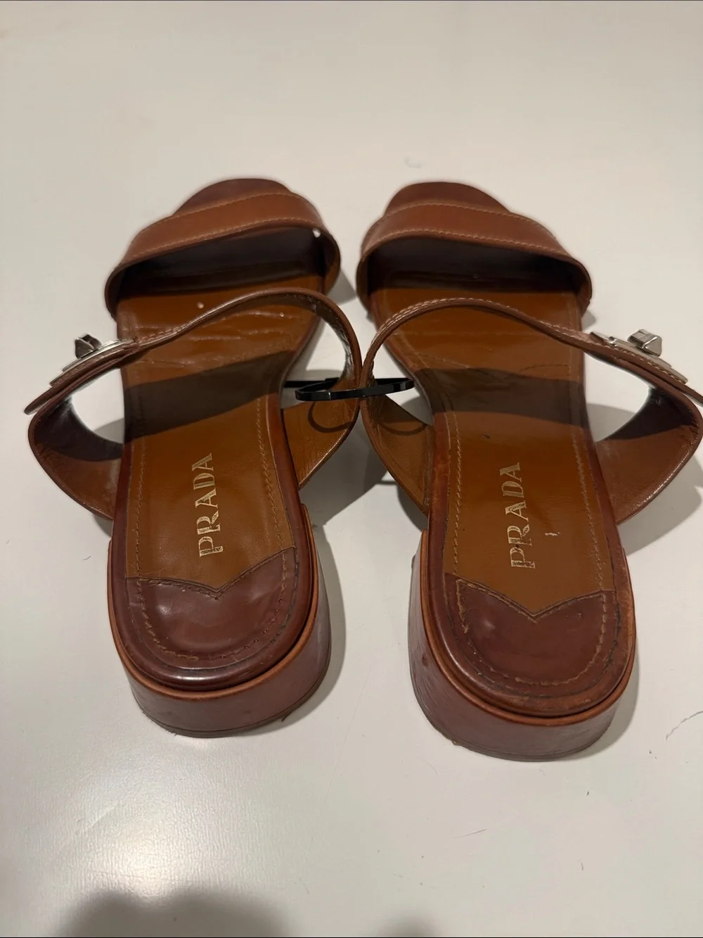 PRADA Tan Brown Leather Double-Strap Slide Sandals - Picture 6 of 14